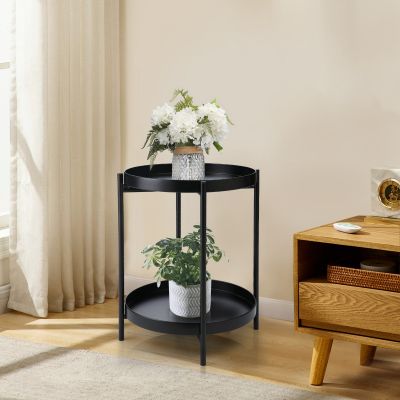Black Metal End Table W/ 2 Round Trays
