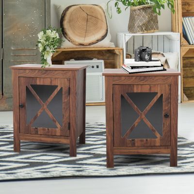Rustic Wooden Nightstand Set of 2 Sofa Table with X-Design Glass Door, Light Walnut