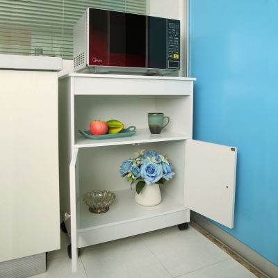 White Rolling Microwave Cart W/Pantry Storage, Shelf