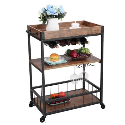 3 Tier Mobile Bar Cart W/Wine Goblet Rack, Casters