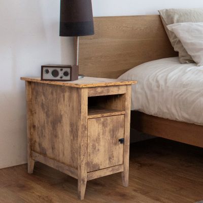 Rustic Wooden Narrow Nightstand End Table with Open Shelf and Large Cabinet Set of 2