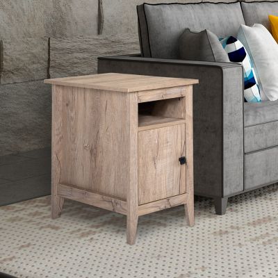 Wooden Narrow Nightstand End Table with Open Shelf and Large Cabinet, Oak Finish