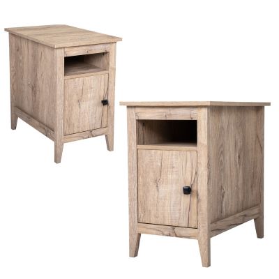 Wooden Narrow Nightstand End Table with Open Shelf and Large Cabinet, Oak Finish