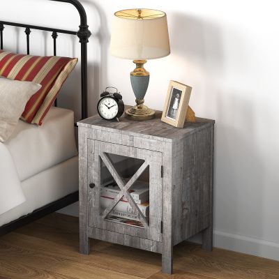 Rustic Set of 2 Wooden Nightstand with X-Design Glass Door, End Table Sofa Side Table