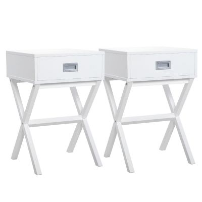 Jaxpety 2 Pieces Modern X-Shape Nightstand Wooden Square Accent Table with Storage Drawer, White