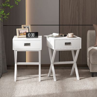 Jaxpety 2 Pieces Modern X-Shape Nightstand Wooden Square Accent Table with Storage Drawer, White