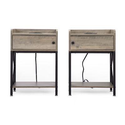 Industrial Wood Nightstand Set of 2 with Charging Station and USB Ports, Washed Grey