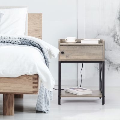 Industrial Wood Nightstand Set of 2 with Charging Station and USB Ports, Washed Grey