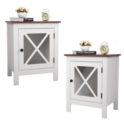 White Set of 2 Wooden Nightstand with X-Design Glass Door, End Table Sofa Side Table