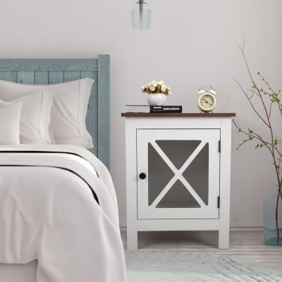 White Set of 2 Wooden Nightstand with X-Design Glass Door, End Table Sofa Side Table