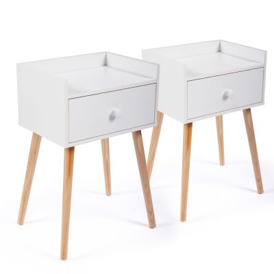 White Nightstand set of 2 with Solid Cherry Wood Legs