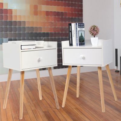 White Nightstand set of 2 with Solid Cherry Wood Legs