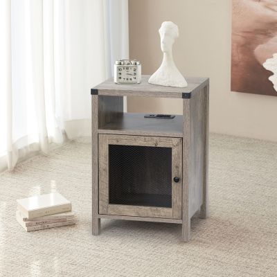 Farmhouse Wood Nightstand Bed Sofa Side Table with Metal Mesh Door& Charging Station