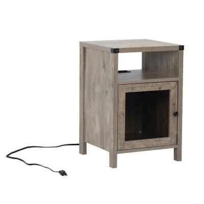 Farmhouse Wood Nightstand Bed Sofa Side Table with Metal Mesh Door& Charging Station