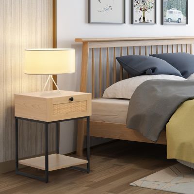 Rattan Nightstand Set of 2 with Drawer Accent End Table with Storage and Shelf