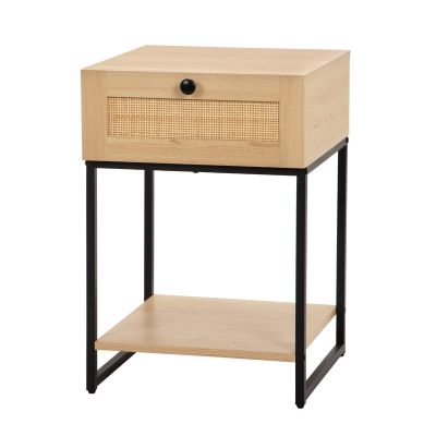 Rattan Nightstand Set of 2 with Drawer Accent End Table with Storage and Shelf