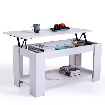 White & Brown Pop-up Coffee Table W/Shelf, Storage