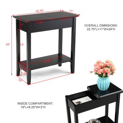 Black Skinny Flip Top End Table with Storage & Shelf