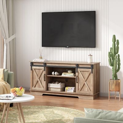 Wooden TV Stand with Sliding Barn Door for 65” TVs
