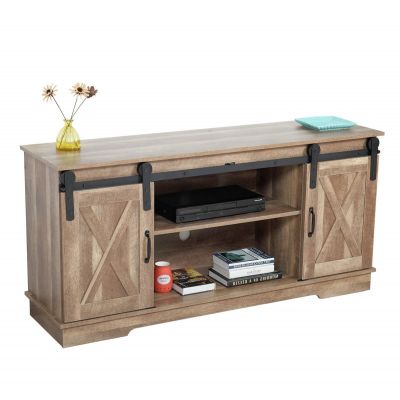 Wooden TV Stand with Sliding Barn Door for 65” TVs