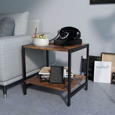 Compact Rustic Industrial Side Table W/ Storage Shelf