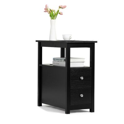 End Table with 2 Drawers and Open Shelf for Living Room, Black