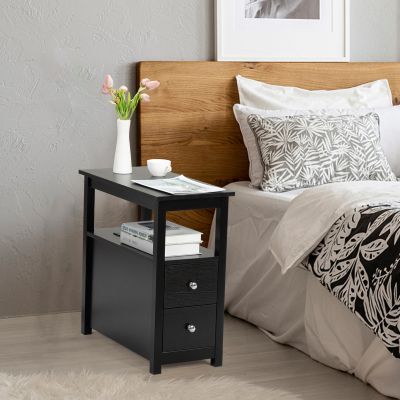 End Table with 2 Drawers and Open Shelf for Living Room, Black