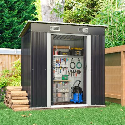 6' x 4' Outdoor Storage Shed Metal Storage Buildings Garden Sheds with Sliding Doors, Steel Tool Shed, Dark Gray