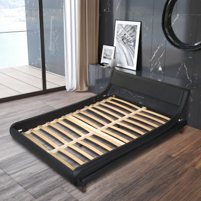 Leather Queen Platform Bed Frame W/Wood Slats