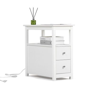 End Table with 2 Drawers and Open Shelf for Living Room, White