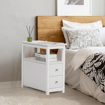End Table with 2 Drawers and Open Shelf for Living Room, White