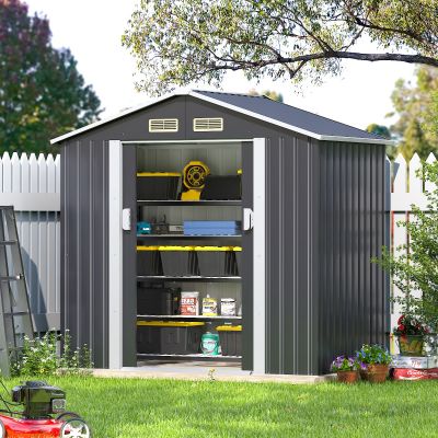 4.2’x7’ Shed Metal Outdoor Storage Shed, Lawn Equipment Tool Organizer for Garden Patio Backyard with Vents, Lockable Sliding Door, Deep Gray