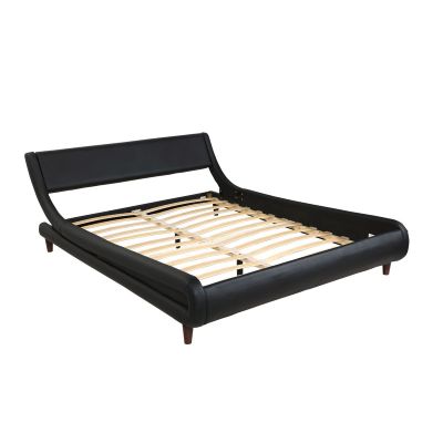 Full-Size Black Leather Bed Frame & Curved Headboard