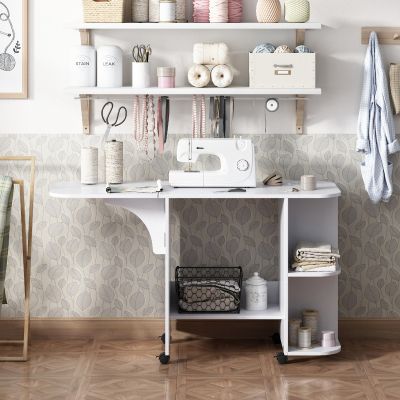 Foldable Sewing Table Versatile Expanded Sewing Craft Cart with Lockable Casters and Storage Cabinet Shelves