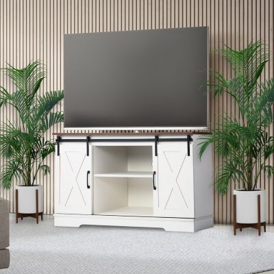 Wooden TV Stand for 65" TVs Farmhouse Style Media Console Storage Cabinet , White Oak
