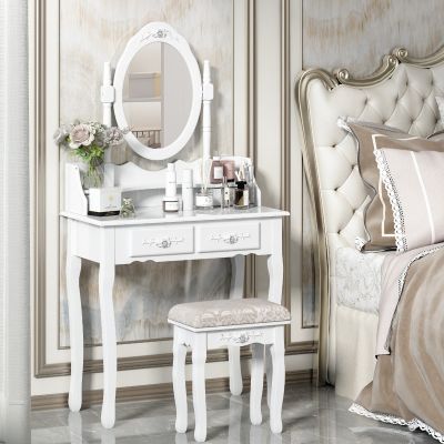 White Vanity Table W/Mirror & 4 Drawers 