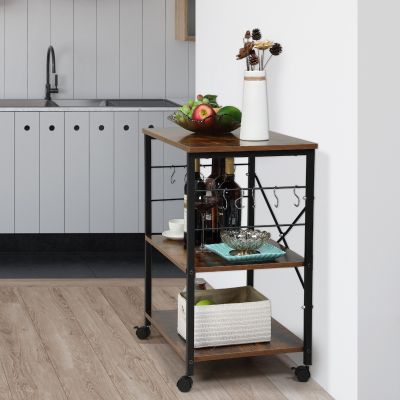 Metal Industrial Kitchen Cart W/3 Wood Shelves