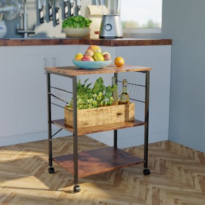 Metal Industrial Kitchen Cart W/3 Wood Shelves