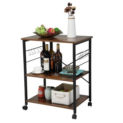 Metal Industrial Kitchen Cart W/3 Wood Shelves