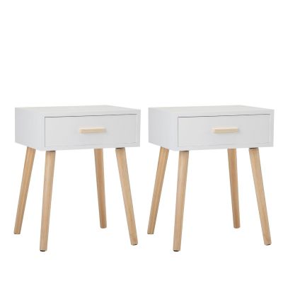 Classic End Side Nightstands W/Solid Wood Leg For Bedroom Storage -White-set of 2