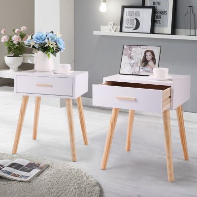 Classic End Side Nightstands W/Solid Wood Leg For Bedroom Storage -White-set of 2