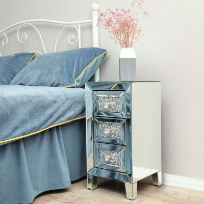 Silver Mirrored Nightstand Crystal Bedside Table W/Crystal 3-Drawer
