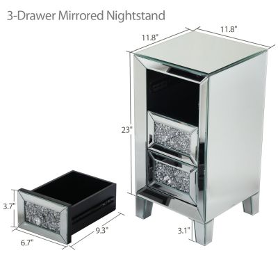 Silver Mirrored Crystal Bedside Table W/Crystal 3-Drawer