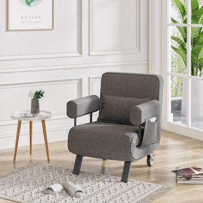 Grey Fold Out Bed Chair 3-In-1 Convertible Sleeper Chair Bed  With 2 Caster