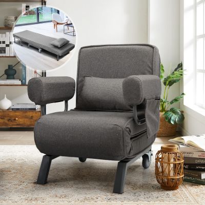 Grey Fold Out Bed Chair 3-In-1 Convertible Sleeper Chair Bed  With 2 Caster