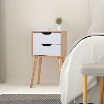 Wood Modern Nightstand with 2 Wooden Drawers and 4 Sturdy Legs, Living Room Bedroom Furniture