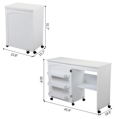 Moving White Foldable Sewing Table W/Cabinet