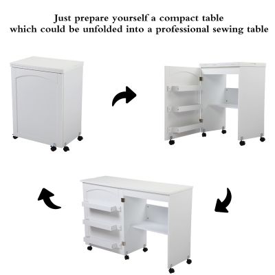 Moving White Foldable Sewing Table W/Cabinet