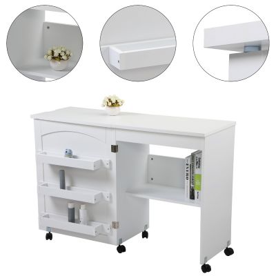 Moving White Foldable Sewing Table W/Cabinet