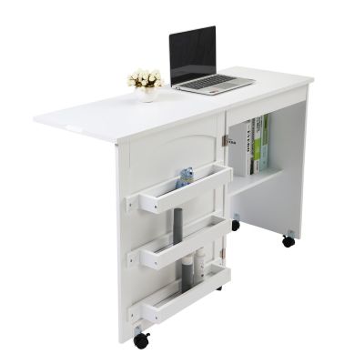 Moving White Foldable Sewing Table W/Cabinet